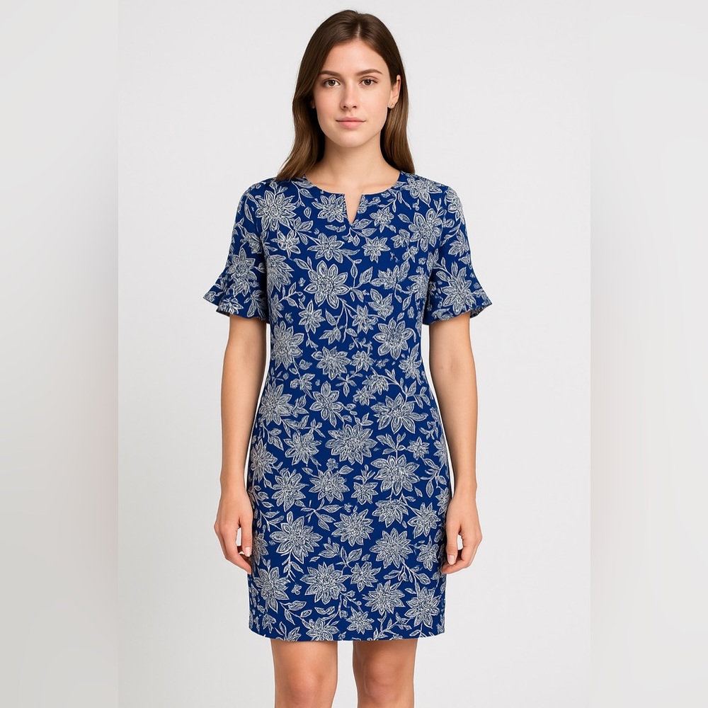 RN Studio by Ronni Nicole Blue Floral Ruffle-Sleeve Sheath Dress Women’s 6P